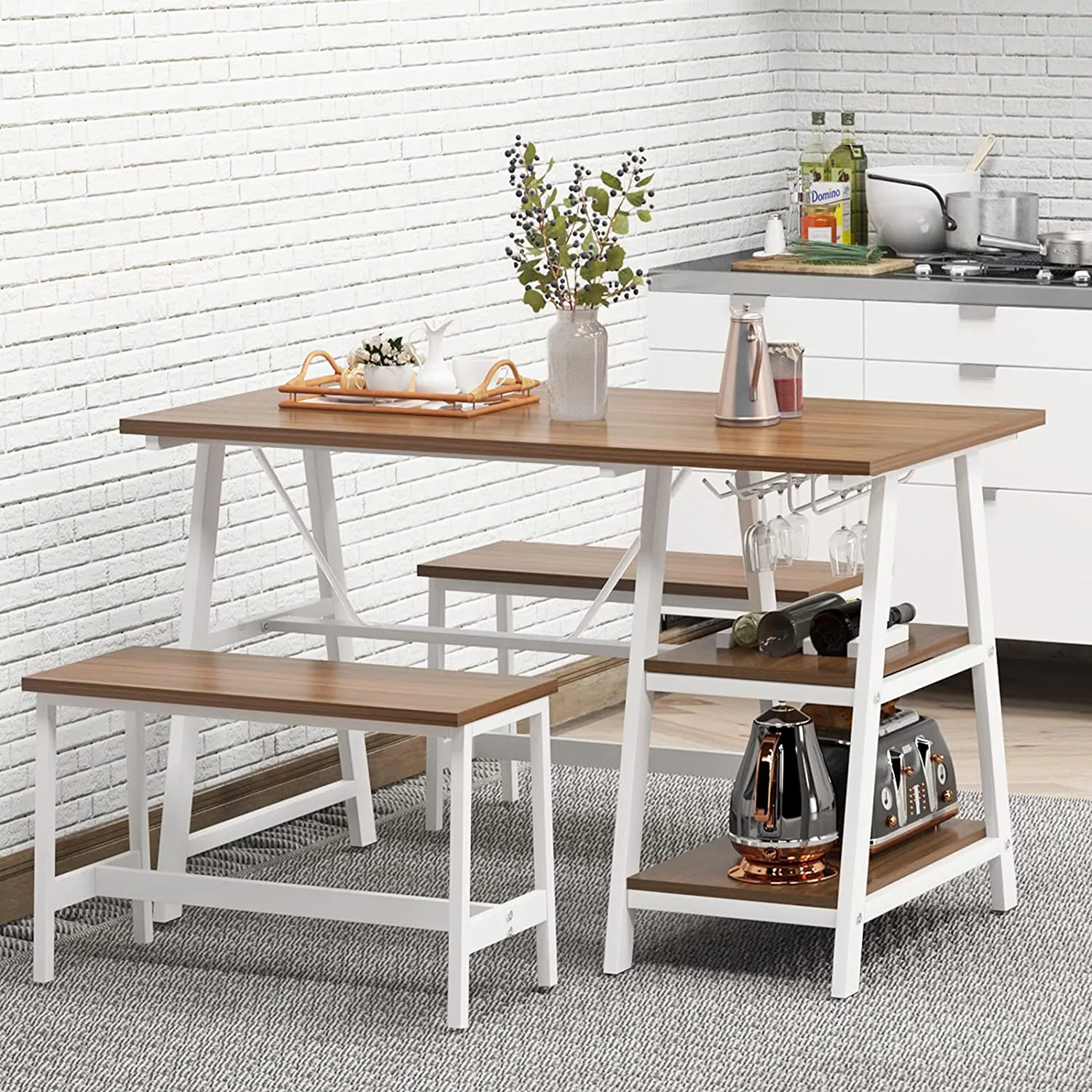 47'' Kitchen Dining Room Table Sets, 3-Piece Table and Benches for 2, Breakfast Table with Wine Rack and Glass Bottle Holder for Restaurant, Coffee Shop, Living Room, Oak