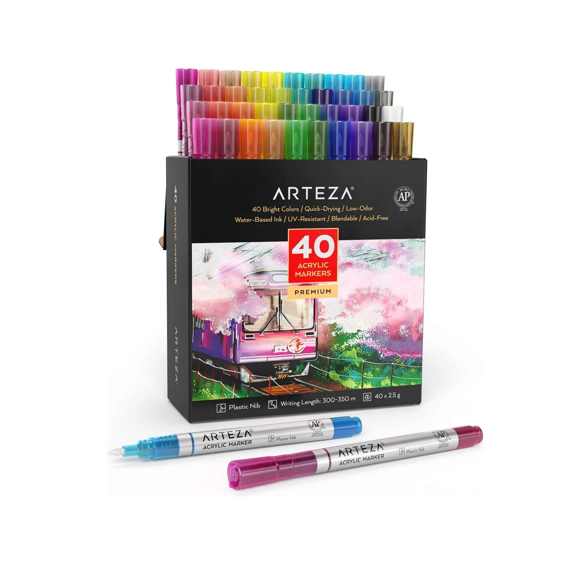 Acrylic Paint Markers | Set of 40 Colors | Long-Lasting Paint Pens | Plastic Nibs