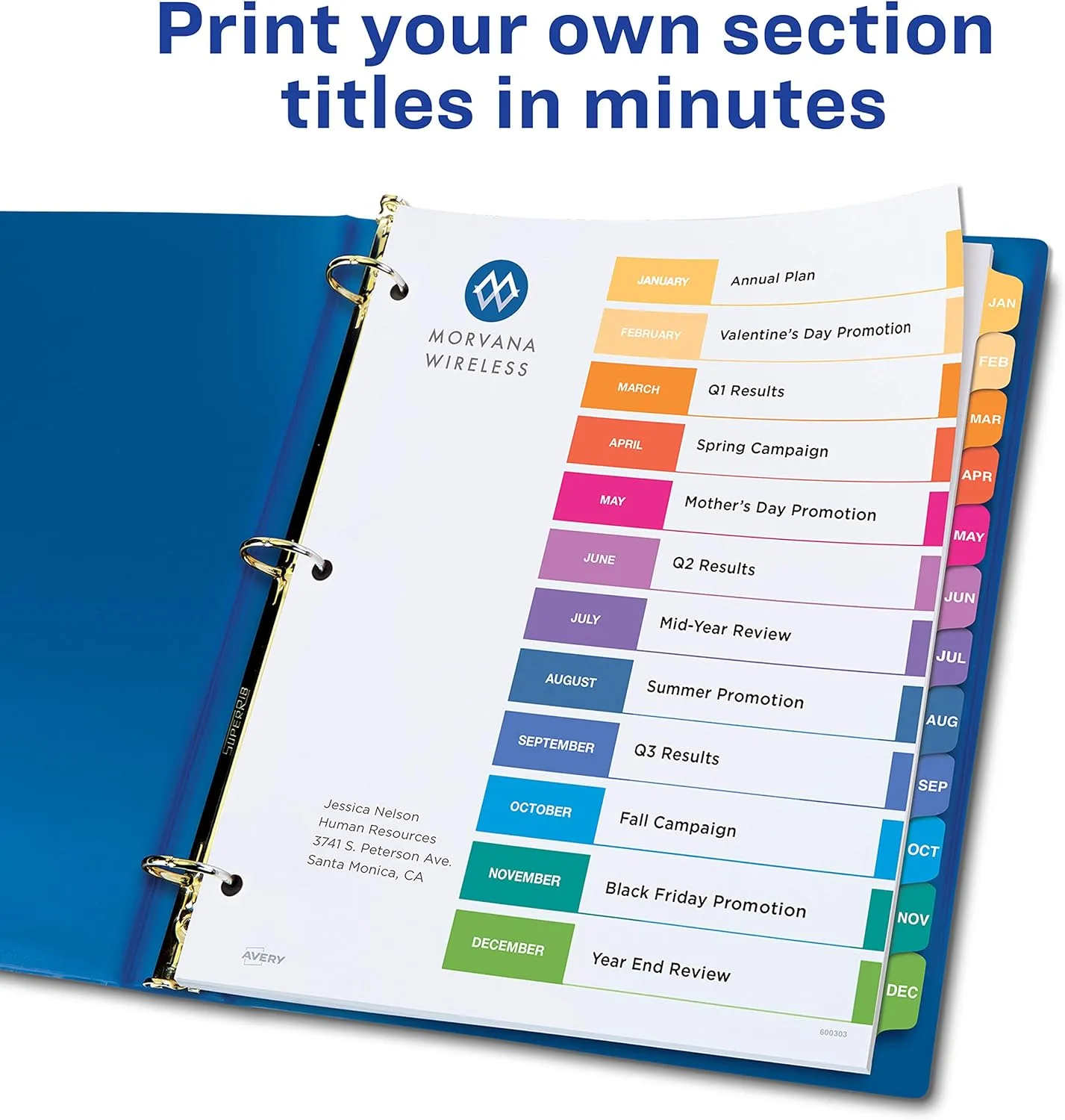 Avery Jan-Dec 12 Tab Dividers for 3 Ring Binders, Customizable Table of Contents, Multicolor Tabs, 6 Sets
