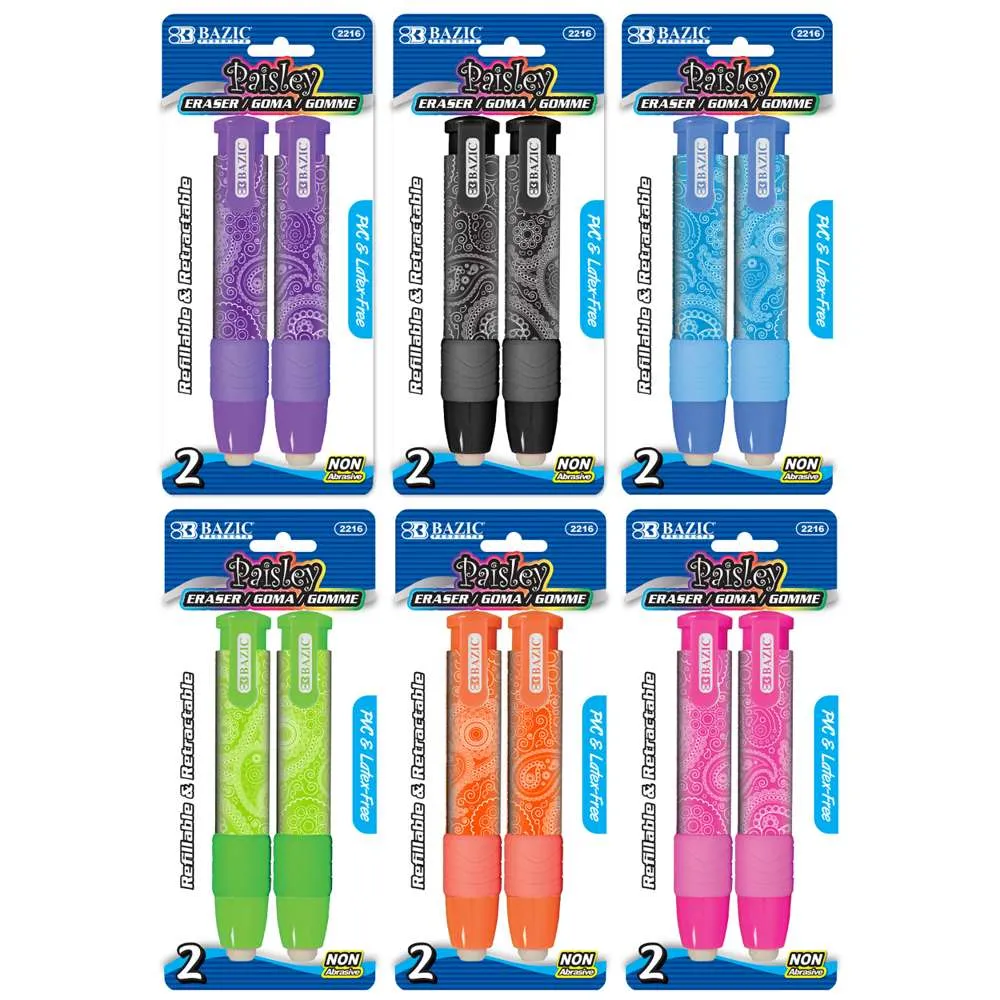 Bazic Retractable Paisley Stick Erasers, 2 pk, (2216)