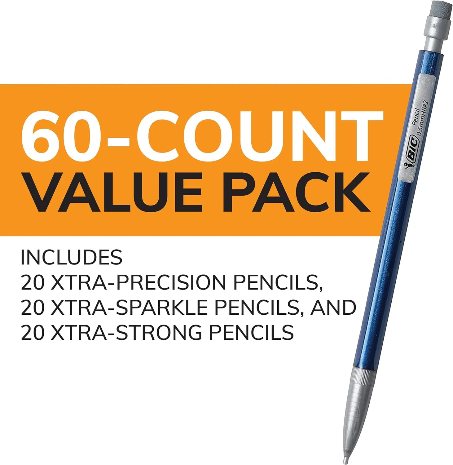 BIC Mechanical Pencil Variety Pack, #2 with eraser, 0.5mm, 0.7mm, 0.9mm, Refillable, 60-Count