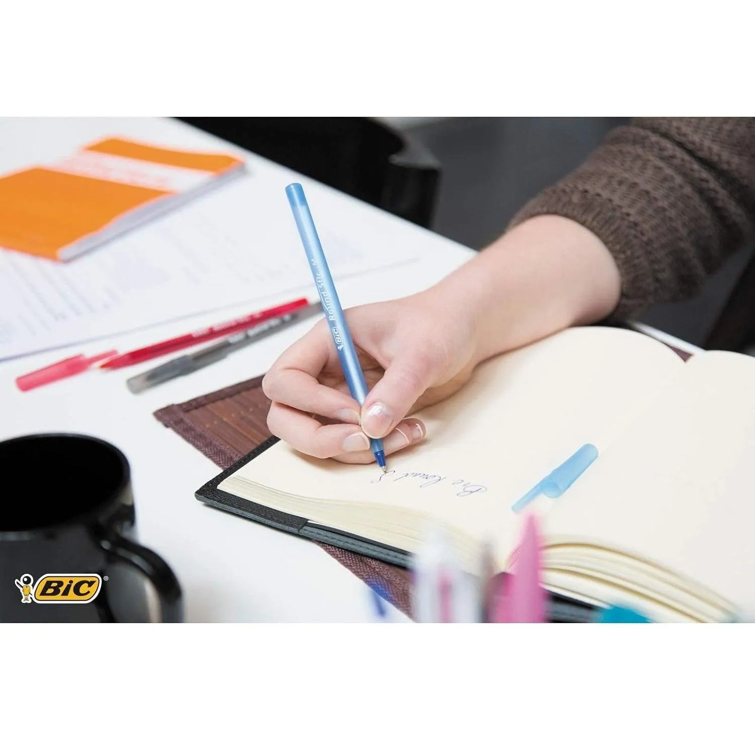 Bic Round Stic Ballpoint Pens Medium Assorted Black/Blue/Red Pack 10
