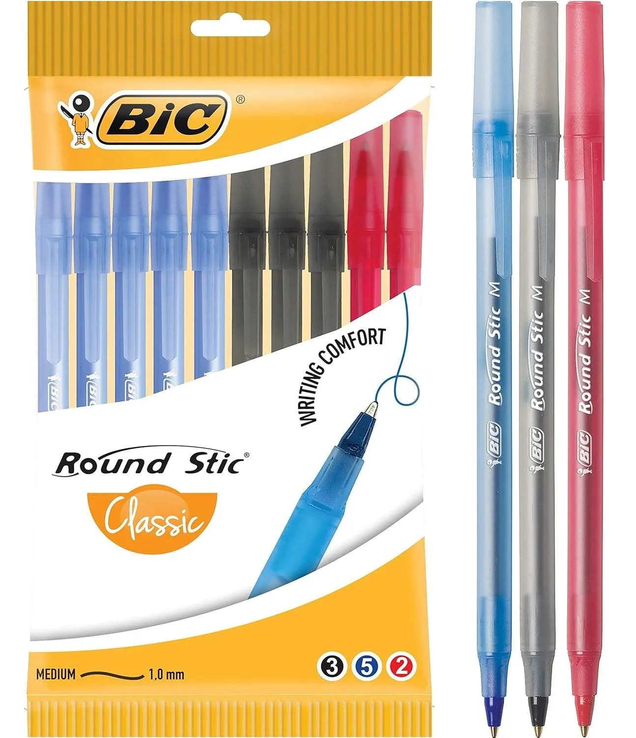 Bic Round Stic Ballpoint Pens Medium Assorted Black/Blue/Red Pack 10