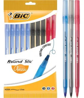 Bic Round Stic Ballpoint Pens Medium Assorted Black/Blue/Red Pack 10