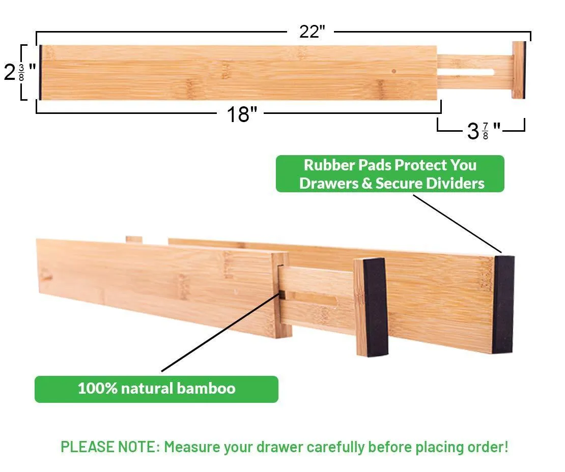 Drawer Dividers Bamboo Kitchen Organizers Set of 6 - Spring Loaded Drawer Divider Adjustable & Expandable Drawer Organizer - Best for Kitchen, Bedroom, Dresser, Baby Drawers & Closet