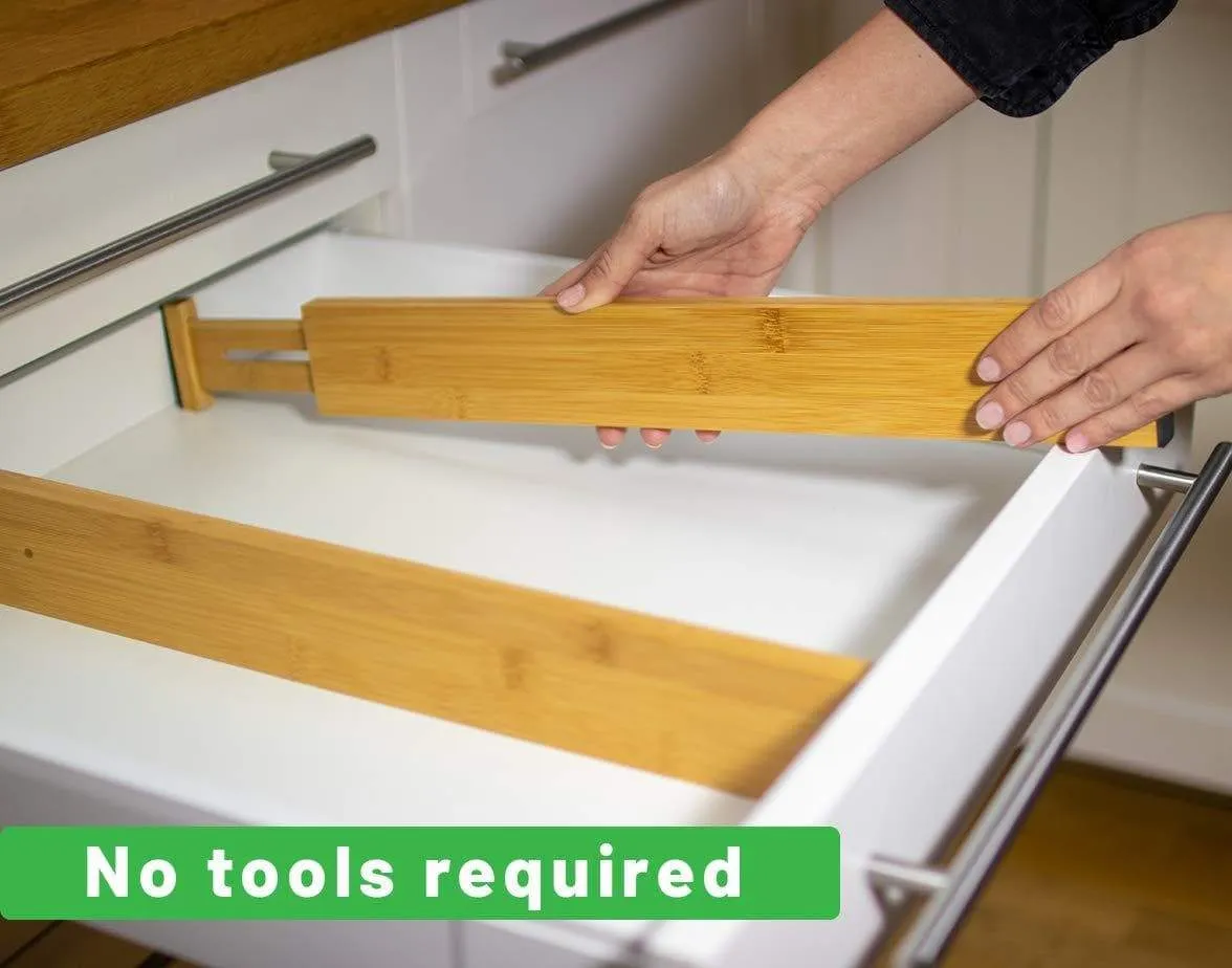 Drawer Dividers Bamboo Kitchen Organizers Set of 6 - Spring Loaded Drawer Divider Adjustable & Expandable Drawer Organizer - Best for Kitchen, Bedroom, Dresser, Baby Drawers & Closet
