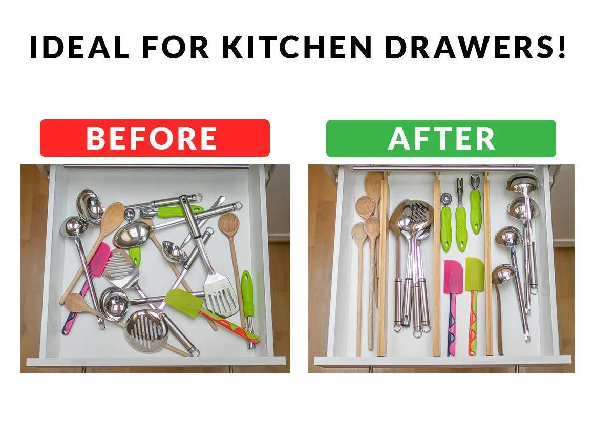 Drawer Dividers Bamboo Kitchen Organizers Set of 6 - Spring Loaded Drawer Divider Adjustable & Expandable Drawer Organizer - Best for Kitchen, Bedroom, Dresser, Baby Drawers & Closet