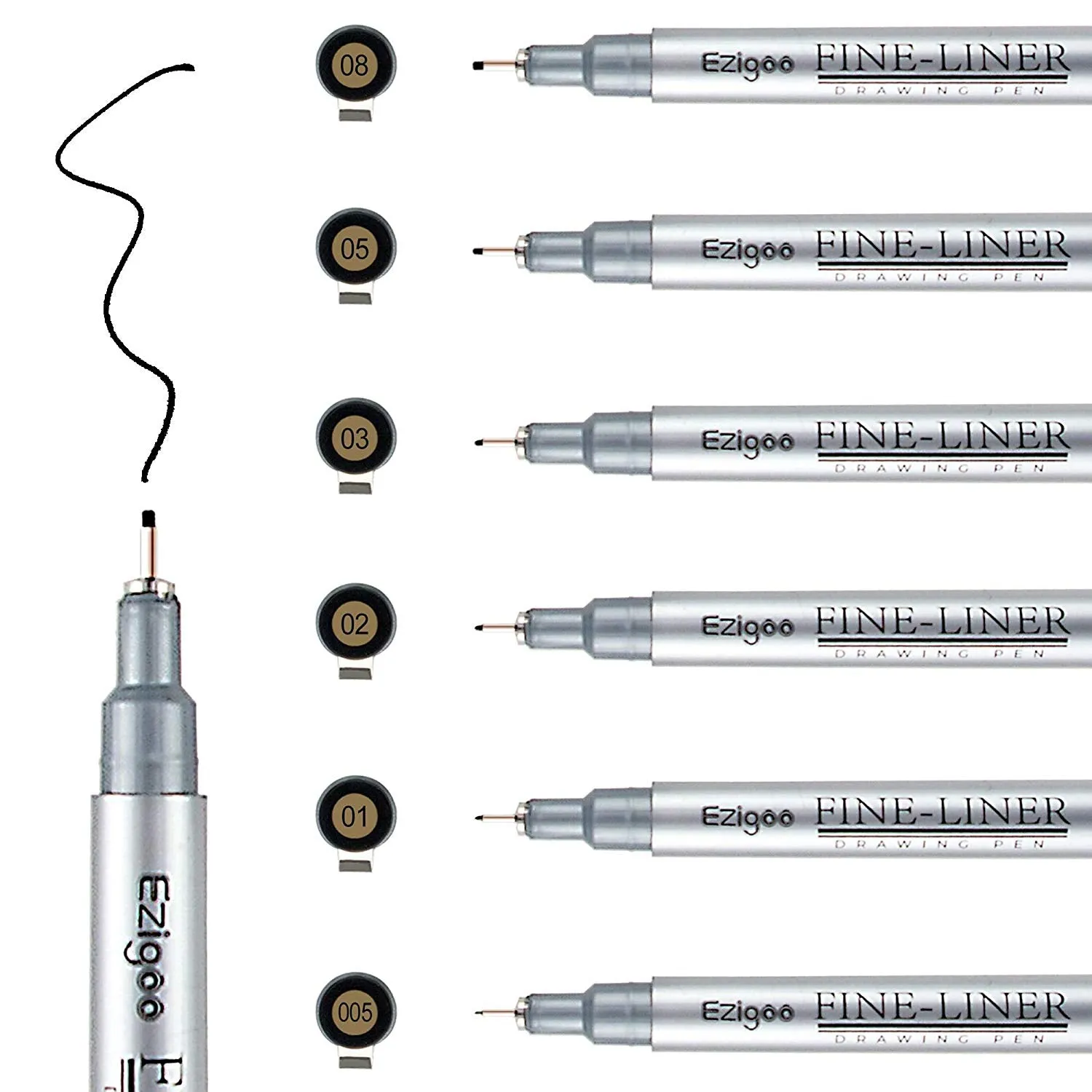 Ezigoo Black Fineliner Pens - Set of 6