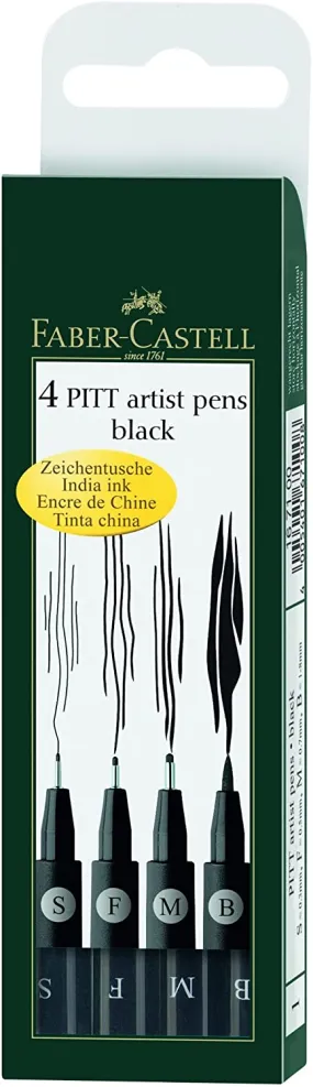 FABER-CASTELL PITT Artist Drawing Ink Pen Black Wallet of 4 (Asst Line Widths)