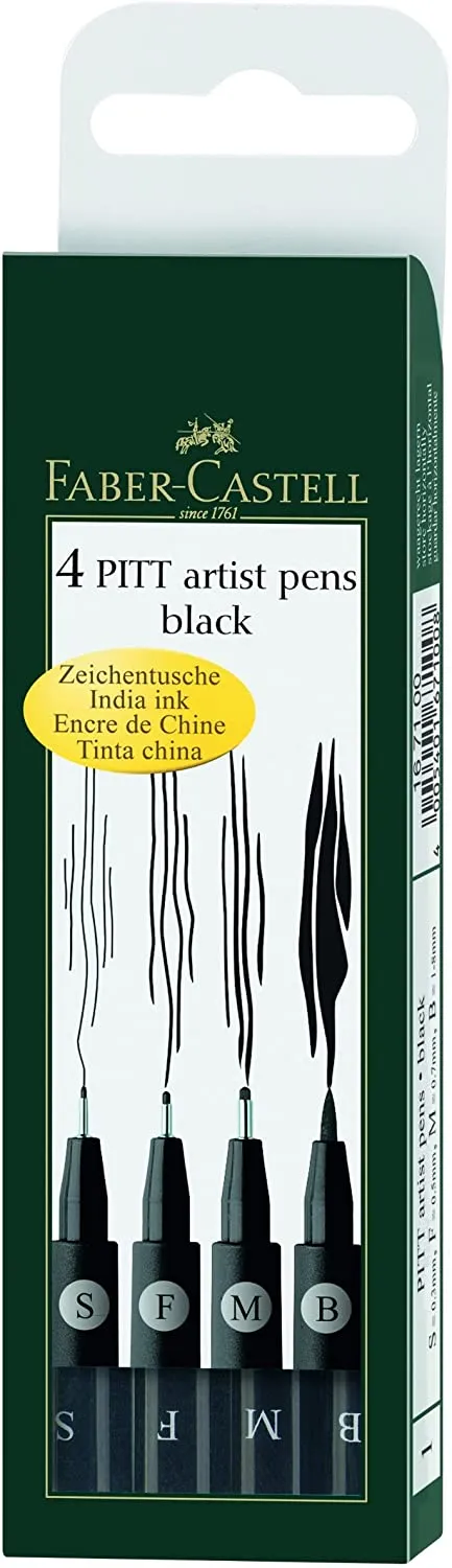 FABER-CASTELL PITT Artist Drawing Ink Pen Black Wallet of 4 (Asst Line Widths)