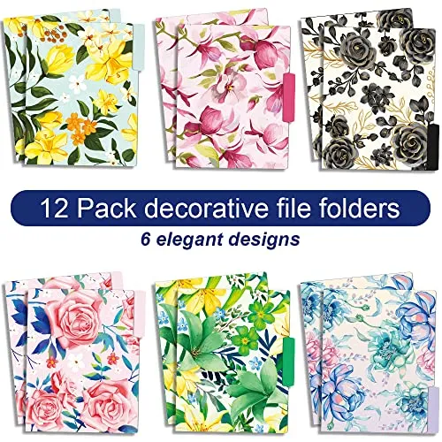 Floral Decorative File Folders, 1/3 Cut Tabs,, Letter Size for Office, School and Home, Set of 12