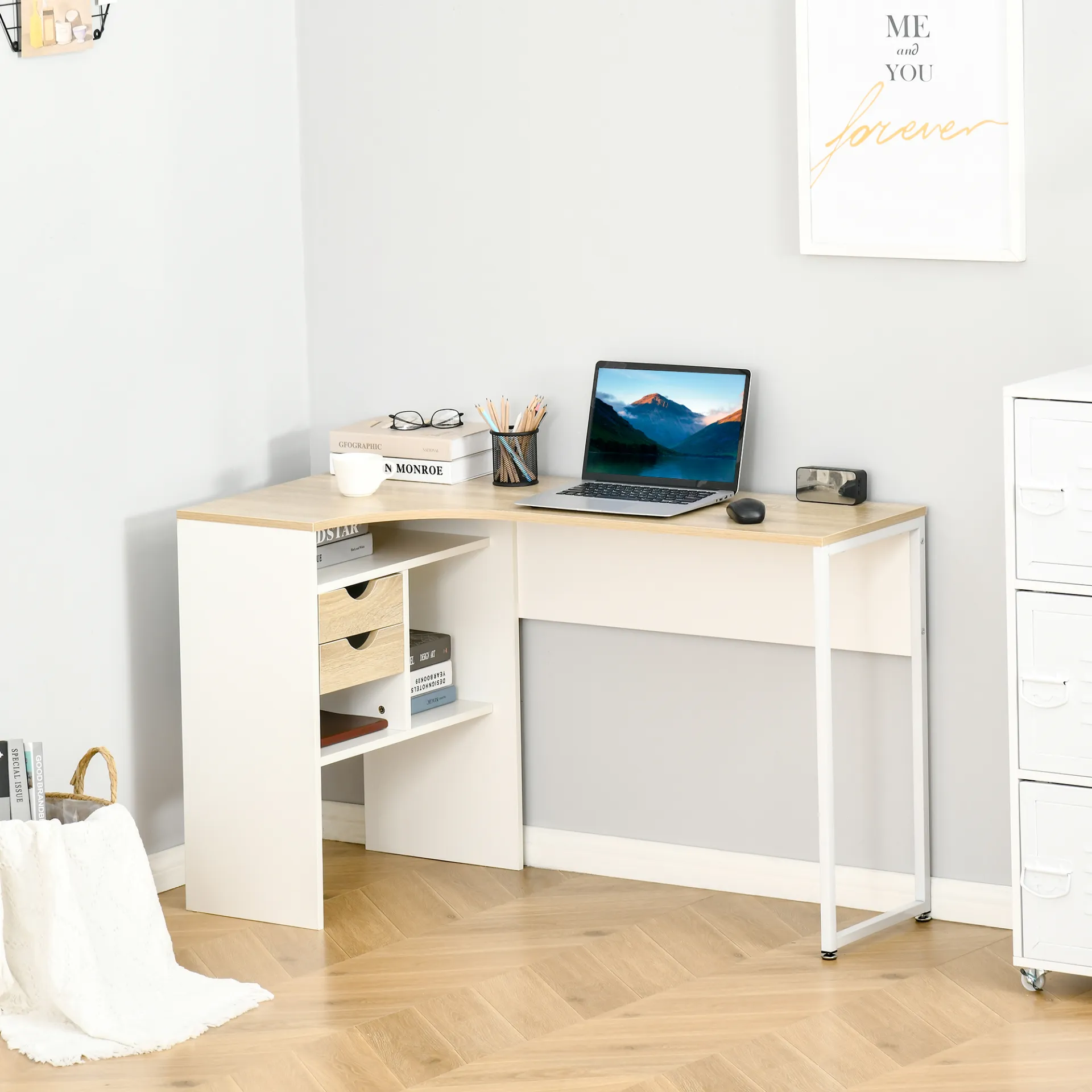 HOMCOM L-Shaped Corner Computer Desk with Storage, Drawers & Smooth Slide – Light Brown