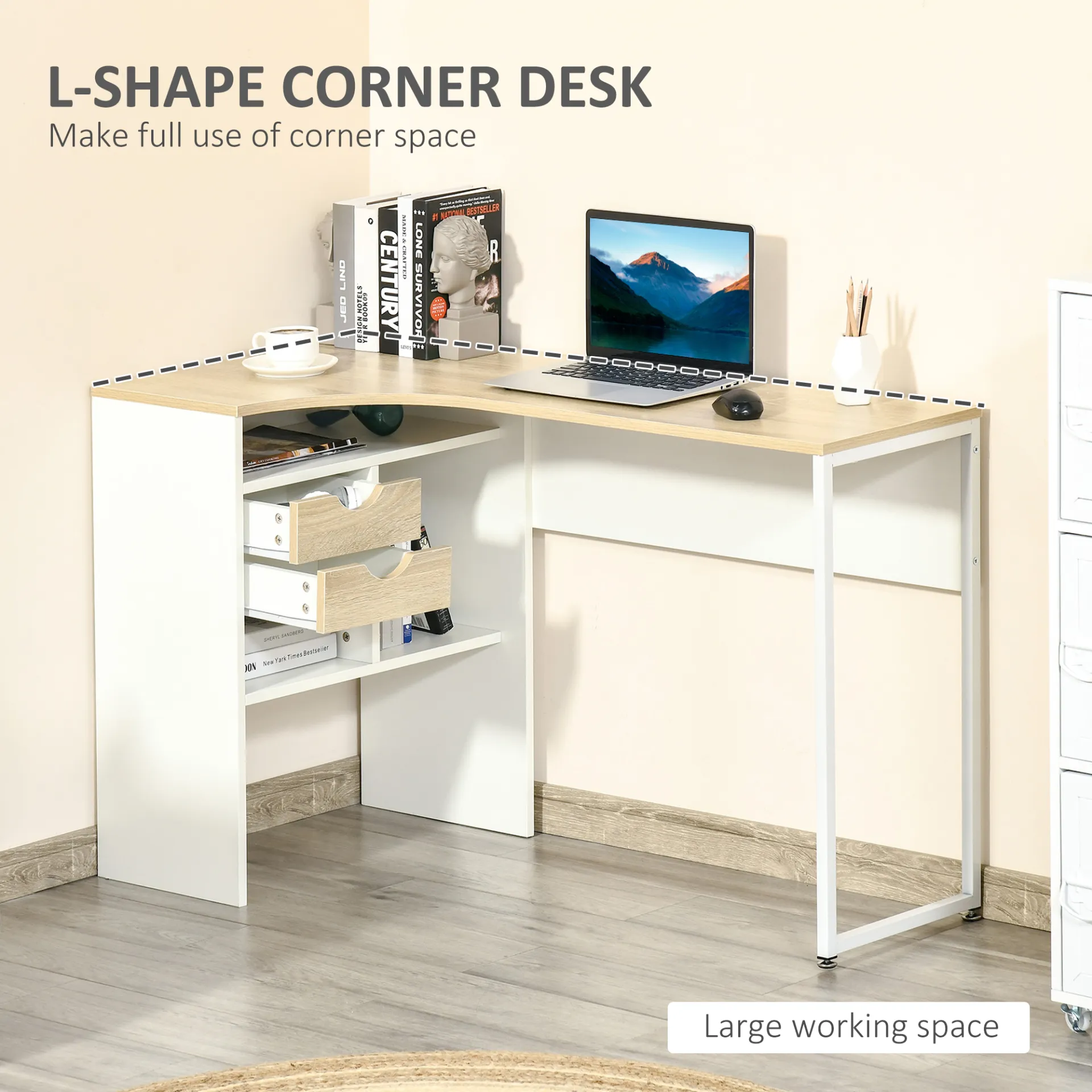 HOMCOM L-Shaped Corner Computer Desk with Storage, Drawers & Smooth Slide – Light Brown