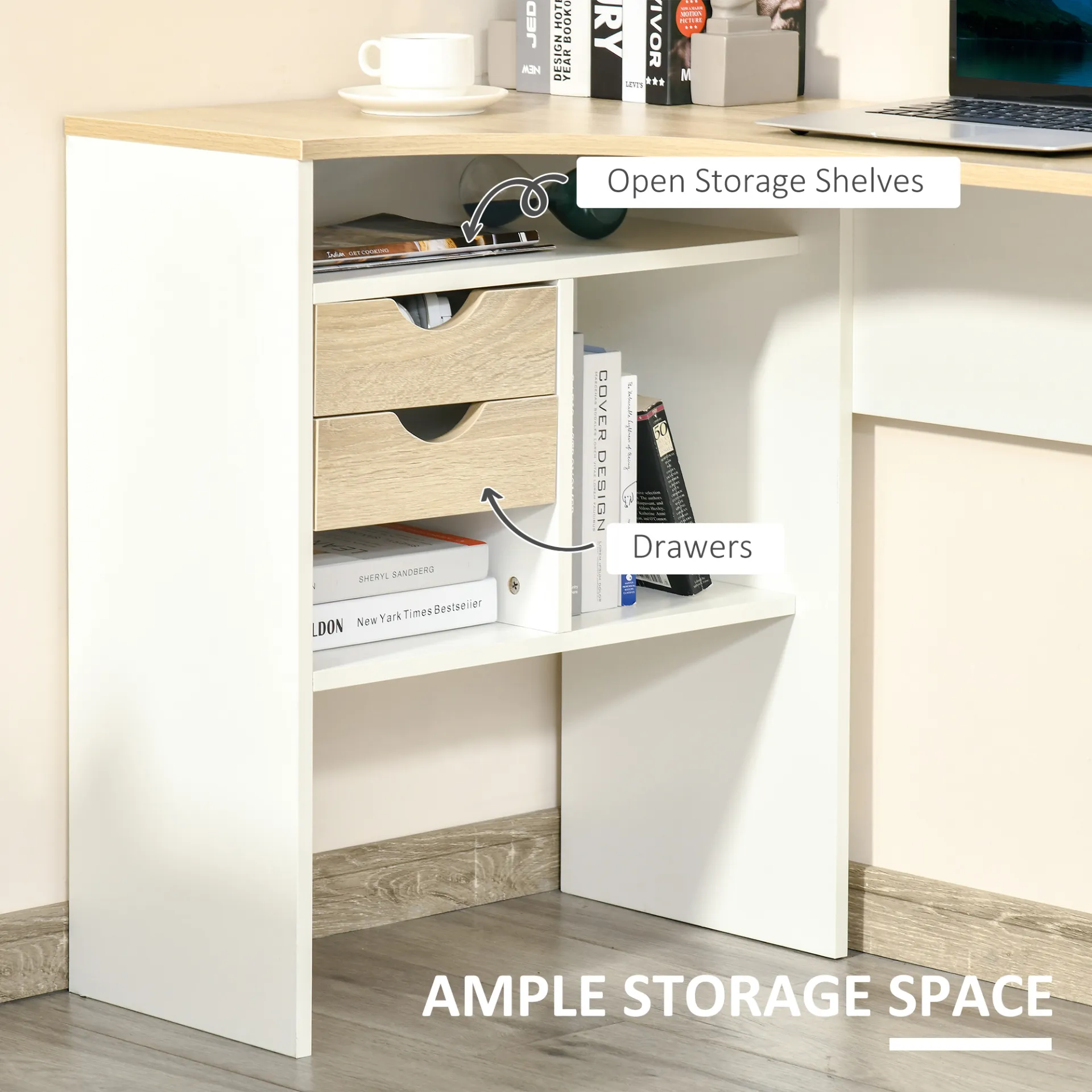 HOMCOM L-Shaped Corner Computer Desk with Storage, Drawers & Smooth Slide – Light Brown