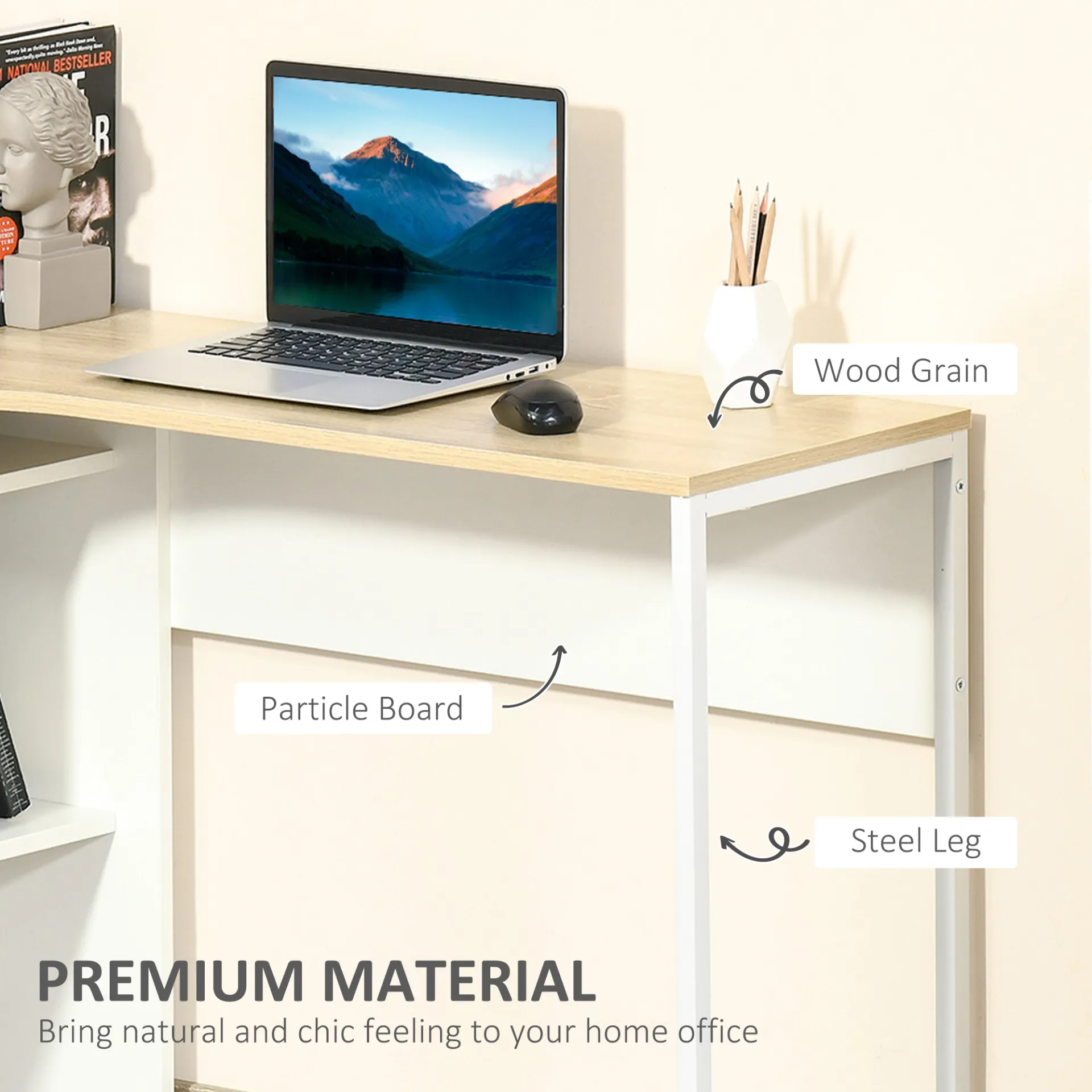 HOMCOM L-Shaped Corner Computer Desk with Storage, Drawers & Smooth Slide – Light Brown