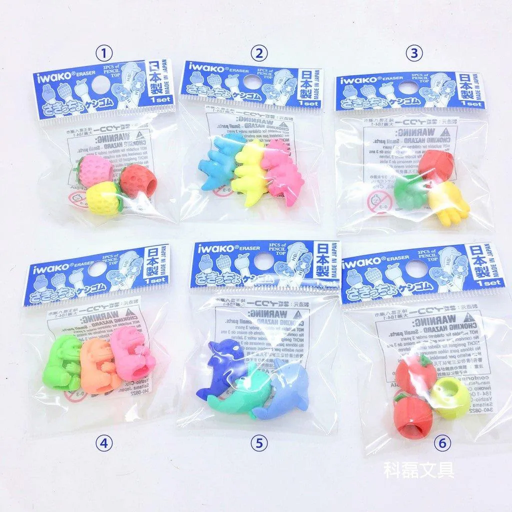 IWAKO ER-951090 Pencil Case Modeling Dinosaur Orangutan Apple Strawberry Guessing Dolphin Eraser 3pcs