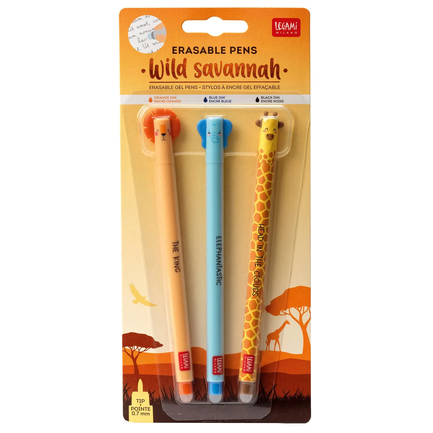 Legami Savannah Erasable Gel Pen Set - Elephant, Giraffe & Lion