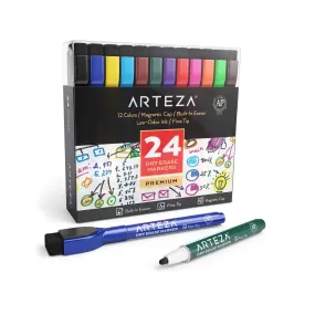 Magnetic Dry Erase Markers with Eraser | Pack of 24 | Fine Tip | 12 Assorted Colors with Low-Odor Ink