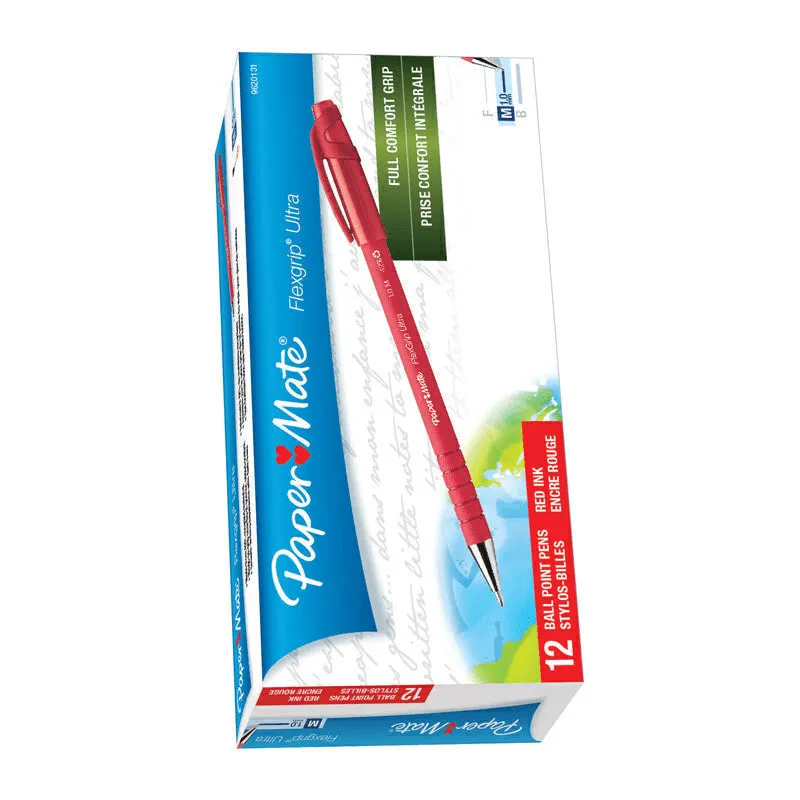 Papermate Flexgrip Ultra Ballpoint Pen Medium NIB Capped Red Box 12