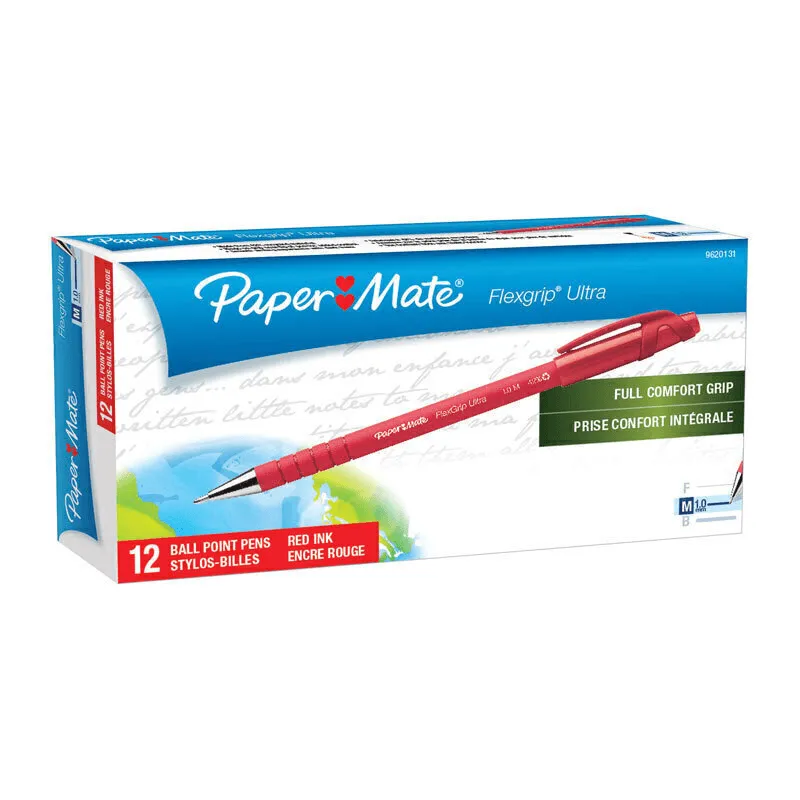 Papermate Flexgrip Ultra Ballpoint Pen Medium NIB Capped Red Box 12