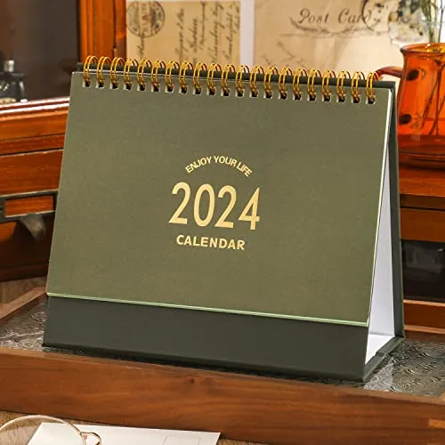 Small Desk Calendar 2023-2024, Standing Flip Desktop Calendar from Sep 2023 to December 2024 - Metal Ring Twin-Wire Binding Monthly Desktop Calendar for Home Office School (Green)