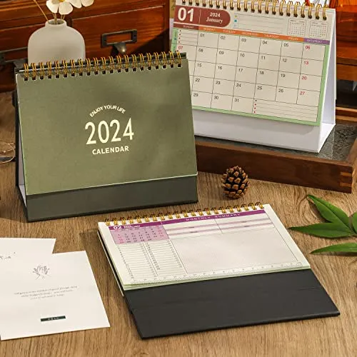 Small Desk Calendar 2023-2024, Standing Flip Desktop Calendar from Sep 2023 to December 2024 - Metal Ring Twin-Wire Binding Monthly Desktop Calendar for Home Office School (Green)