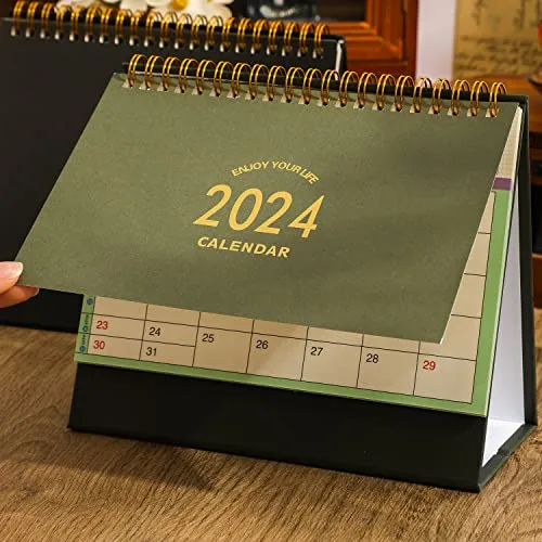 Small Desk Calendar 2023-2024, Standing Flip Desktop Calendar from Sep 2023 to December 2024 - Metal Ring Twin-Wire Binding Monthly Desktop Calendar for Home Office School (Green)