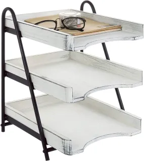 Vintage White Wood Desktop Document Tray, 3-Tiers