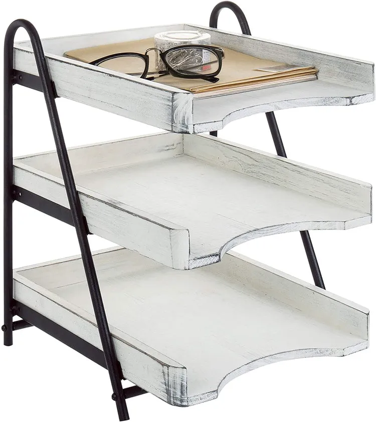 Vintage White Wood Desktop Document Tray, 3-Tiers