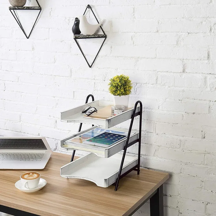 Vintage White Wood Desktop Document Tray, 3-Tiers