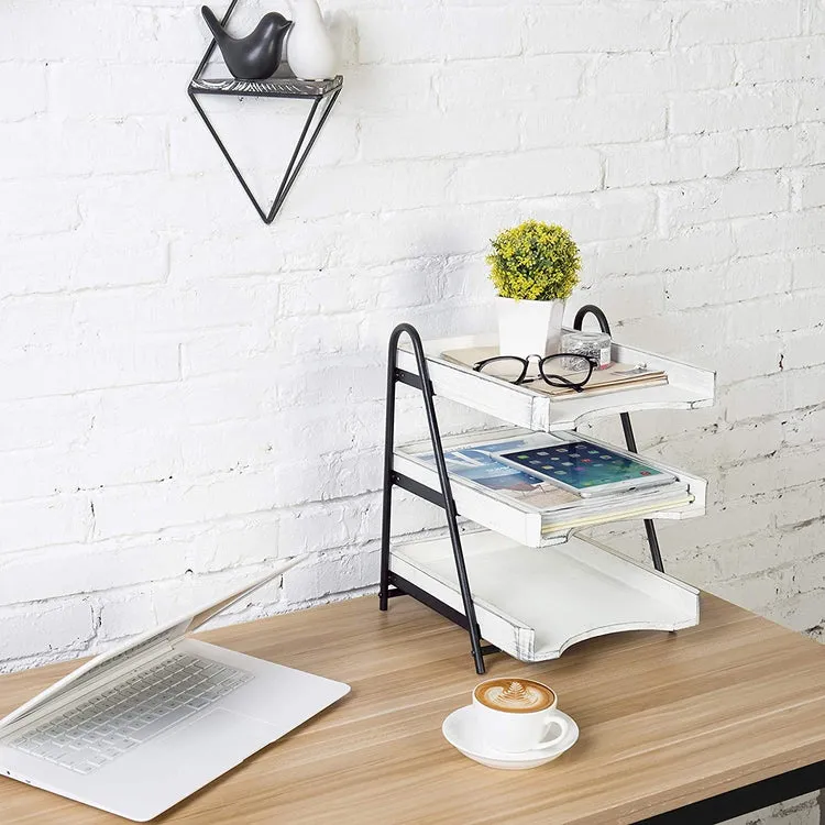 Vintage White Wood Desktop Document Tray, 3-Tiers