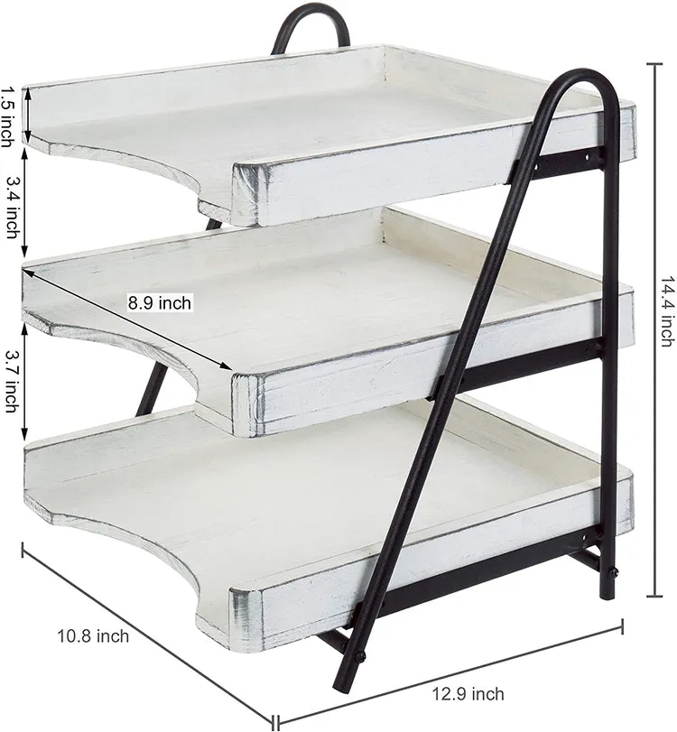 Vintage White Wood Desktop Document Tray, 3-Tiers