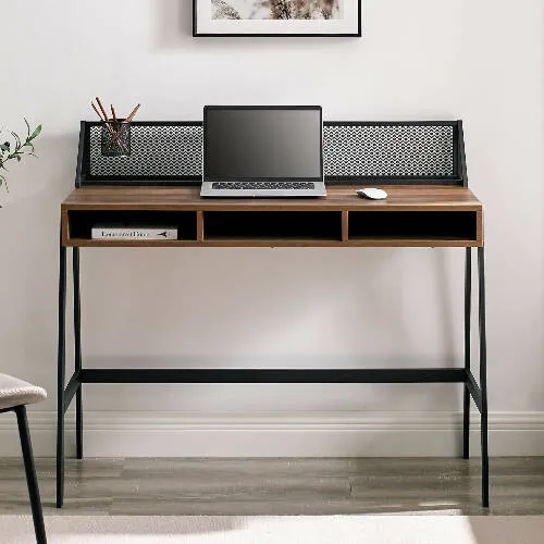 Walker Edison 42" Mesh Black Writing Desk - Dark Walnut